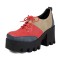 Square Toe Lace Up Chunky Heels Platforms Patchwork Loafers  - Red Flock