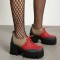 Square Toe Lace Up Chunky Heels Platforms Patchwork Loafers  - Red Flock