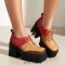 Square Toe Lace Up Chunky Heels Platforms Patchwork Loafers  - Yellow Flock