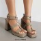 Square Open Toe Ankle Buckle Double T Straps Chunky Heels Summer Sandals - Apricot Tan Patent