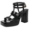 Square Open Toe Ankle Buckle Double T Straps Chunky Heels Summer Sandals - Black Patent