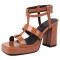 Square Open Toe Ankle Buckle Double T Straps Chunky Heels Summer Sandals - Brown Patent