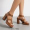 Square Open Toe Ankle Buckle Double T Straps Chunky Heels Summer Sandals - Brown Patent