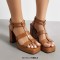 Square Open Toe Ankle Buckle Double T Straps Chunky Heels Summer Sandals - Brown Patent