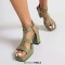 Square Open Toe Ankle Buckle Double T Straps Chunky Heels Summer Sandals - Green Patent