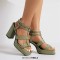 Square Open Toe Ankle Buckle Double T Straps Chunky Heels Summer Sandals - Green Patent