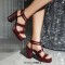 Square Open Toe Ankle Buckle Double T Straps Chunky Heels Summer Sandals - Wine Patent