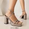 Square Open Toe Cross Straps Platforms Chunky Heels Summer Sandals - Apricot Tan Patent
