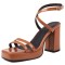 Square Open Toe Cross Straps Platforms Chunky Heels Summer Sandals - Brown Patent