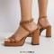 Square Open Toe Cross Straps Platforms Chunky Heels Summer Sandals - Brown Patent