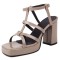 Square Open Toe Ankle Buckle T Straps Chunky Heels Summer Sandals - Apricot Tan Patent