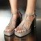 Square Open Toe Ankle Buckle T Straps Chunky Heels Summer Sandals - Apricot Tan Patent