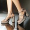 Square Open Toe Ankle Buckle T Straps Chunky Heels Summer Sandals - Apricot Tan Patent