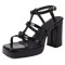 Square Open Toe Ankle Buckle T Straps Chunky Heels Summer Sandals - Black Patent