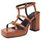 Square Open Toe Ankle Buckle T Straps Chunky Heels Summer Sandals - Brown Patent