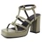 Square Open Toe Ankle Buckle T Straps Chunky Heels Summer Sandals - Green Patent