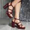 Square Open Toe Ankle Buckle T Straps Chunky Heels Summer Sandals - Wine Patent