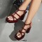 Square Open Toe Ankle Buckle T Straps Chunky Heels Summer Sandals - Wine Patent
