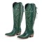 Pointed Toe Chunky Heels Western Style Knee Highs Cowgirl Boots - Green Faux Leather