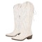 Pointed Toe Chunky Heels Western Style Knee Highs Cowgirl Boots - White Faux Leather