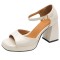 Square Open Toe Smooth Surface Ankle Buckle Straps Chunky Heels Sandals - Beige Faux Leather