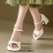 Square Open Toe Smooth Surface Ankle Buckle Straps Chunky Heels Sandals - Beige Faux Leather