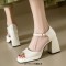 Square Open Toe Smooth Surface Ankle Buckle Straps Chunky Heels Sandals - Beige Faux Leather
