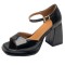 Square Open Toe Smooth Surface Ankle Buckle Straps Chunky Heels Sandals - Black Faux Leather