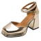 Square Toe Ankle Buckle Cross Straps Chunky Heels Dorsay Sandals - Gold Patent