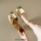 Square Toe Ankle Buckle Cross Straps Chunky Heels Dorsay Sandals - Gold Patent