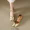 Square Toe Ankle Buckle Cross Straps Chunky Heels Dorsay Sandals - Gold Patent
