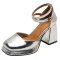 Square Toe Ankle Buckle Cross Straps Chunky Heels Dorsay Sandals - Silver Patent