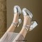 Square Toe Ankle Buckle Cross Straps Chunky Heels Dorsay Sandals - Silver Patent