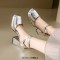 Square Toe Ankle Buckle Cross Straps Chunky Heels Dorsay Sandals - Silver Patent