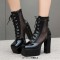 Square Toe Platforms Chunky Heels Patchwork Mesh Hollowed Breathable Lace Up Ankle Highs Boots - Black Patent