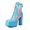 Square Toe Platforms Chunky Heels Patchwork Mesh Hollowed Breathable Lace Up Ankle Highs Boots - SkyBlue Patent