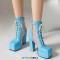Square Toe Platforms Chunky Heels Patchwork Mesh Hollowed Breathable Lace Up Ankle Highs Boots - SkyBlue Patent