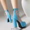 Square Toe Platforms Chunky Heels Patchwork Mesh Hollowed Breathable Lace Up Ankle Highs Boots - SkyBlue Patent