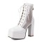 Square Toe Platforms Chunky Heels Patchwork Mesh Hollowed Breathable Lace Up Ankle Highs Boots - White Patent