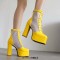 Square Toe Platforms Chunky Heels Patchwork Mesh Hollowed Breathable Lace Up Ankle Highs Boots - Yellow Patent