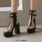 Peep Toe Double Buckle Straps Transparent Ankle Highs Chunky Heels Platforms Summer Booties - Black Faux Leather