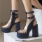 Peep Toe Double Buckle Straps Transparent Ankle Highs Chunky Heels Platforms Summer Booties - Blue Faux Leather