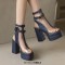 Peep Toe Double Buckle Straps Transparent Ankle Highs Chunky Heels Platforms Summer Booties - Blue Faux Leather