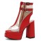 Peep Toe Double Buckle Straps Transparent Ankle Highs Chunky Heels Platforms Summer Booties - Red Faux Leather