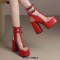 Peep Toe Double Buckle Straps Transparent Ankle Highs Chunky Heels Platforms Summer Booties - Red Faux Leather