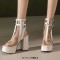 Peep Toe Double Buckle Straps Transparent Ankle Highs Chunky Heels Platforms Summer Booties - White Faux Leather