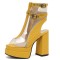 Peep Toe Double Buckle Straps Transparent Ankle Highs Chunky Heels Platforms Summer Booties - Yellow Faux Leather
