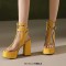 Peep Toe Double Buckle Straps Transparent Ankle Highs Chunky Heels Platforms Summer Booties - Yellow Faux Leather