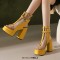 Peep Toe Double Buckle Straps Transparent Ankle Highs Chunky Heels Platforms Summer Booties - Yellow Faux Leather