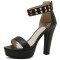 Peep Toe Ankle Buckle Rivet Straps Cuban Heels Platforms Sandals - Black Faux Leather